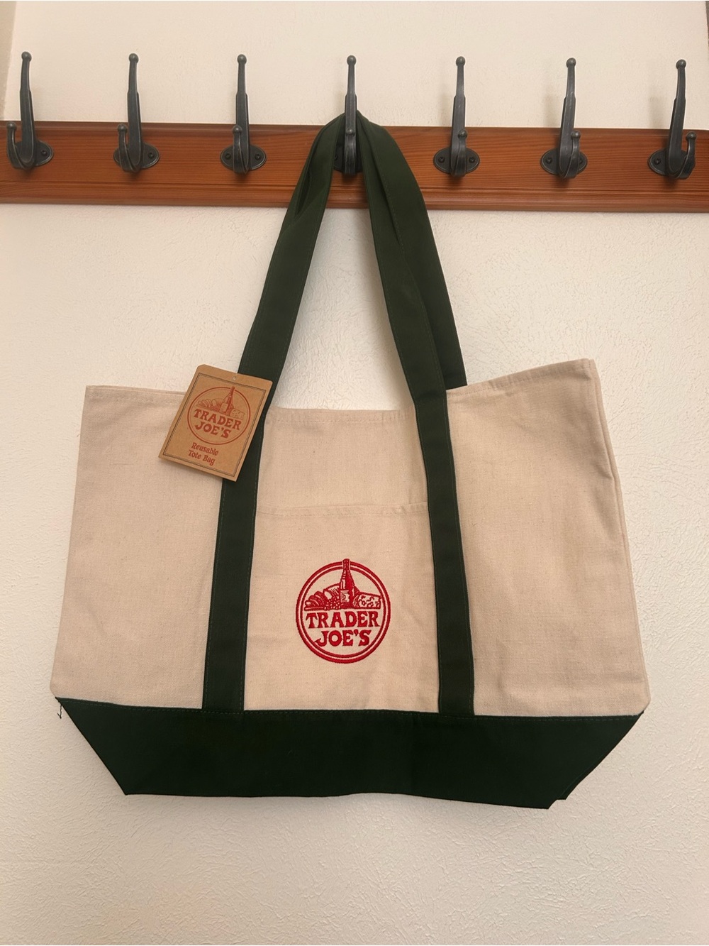 Trader joe’s Beige Canvas Tote with Green Accents